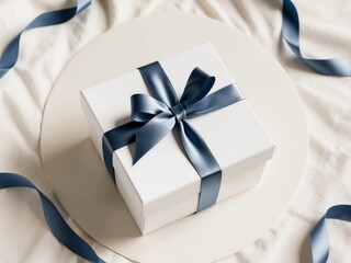 white gift box with blue ribbon and bow on light background top view copy space. - Powered by Adobe