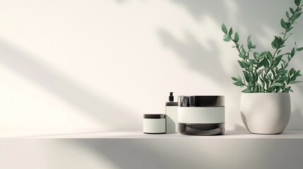 Mockup of Branded Cosmetic Containers on Modern Minimalist Shelf Display