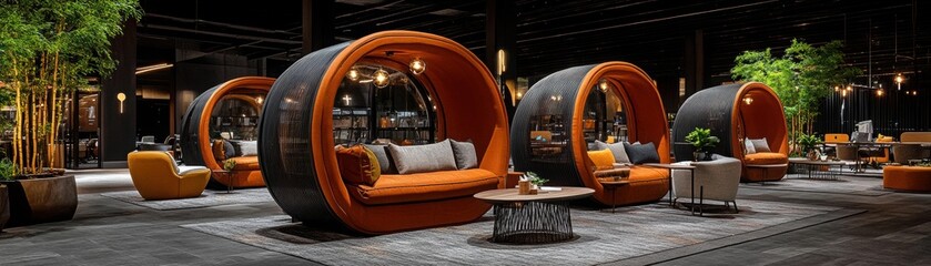 Modern workspace featuring cozy lounge pods with vibrant orange upholstery, wooden decor, soft lighting, lush indoor plants, and a tranquil atmosphere for relaxation and collaboration.