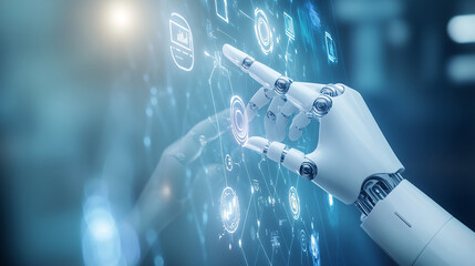 humanoid robot with glowing blue eyes, wearing a hooded jacket, stands in a futuristic city, blending advanced technology with human-like features.