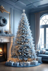 Living room decorated for Christmas with blue theme Christmas tree, fireplace and sofa. Christmas image. Card design.青色のテーマのクリスマスツリーと暖炉とソファーのあるクリスマスの飾りをしたリビングルーム。クリスマスのイメージ。カードデザイン。