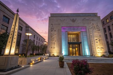 Obraz premium Surreal Dreamscape at the Egyptian Embassy in Washington, D.C. with Ancient Symbols and Modern Architecture Blending in a Mystical Atmosphere