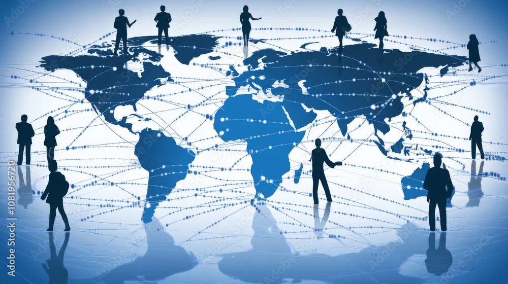 Leinwandbilder global networking concept with silhouettes of business professionals on a world map showcasing inter