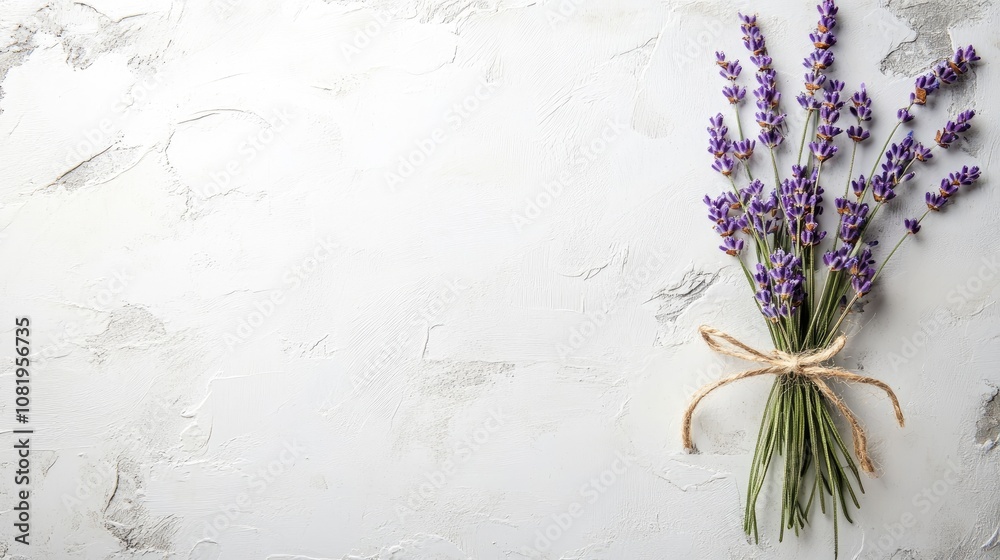Fototapete Elegant blank greeting card on a seamless white background with a delicate bouquet of lavender tied with twine for a rustic touch.