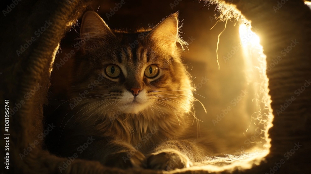 Aufkleber majestic cat relaxing in cat tree with warm light highlighting its beautiful fur and captivating gre