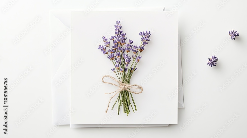 Fototapete elegant blank greeting card on a seamless white background with a delicate bouquet of lavender tied 