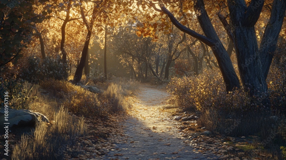 Poster serene forest pathway in autumn with golden leaves, soft sunlight filtering through trees, invoking 
