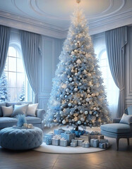 Living room decorated for Christmas with blue theme Christmas tree, fireplace and sofa. Christmas image. Card design.青色のテーマのクリスマスツリーと暖炉とソファーのあるクリスマスの飾りをしたリビングルーム。クリスマスのイメージ。カードデザイン。