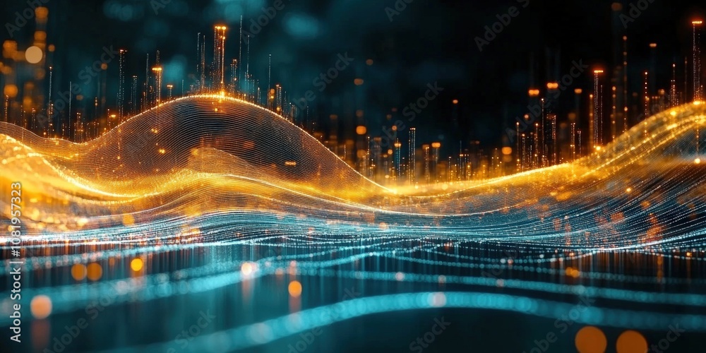 Poster abstract digital waveform with glowing particles and light trails, representing technological innova