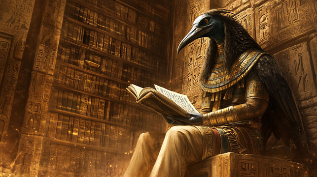 Ancient Egyptian god Thoth, with an ibis head, sits in a golden temple, reading a papyrus scroll, surrounded by hieroglyphs.