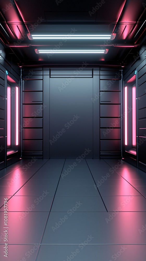 Poster digital interface mockup, futuristic design with interactive elements, bright neon colors and smooth