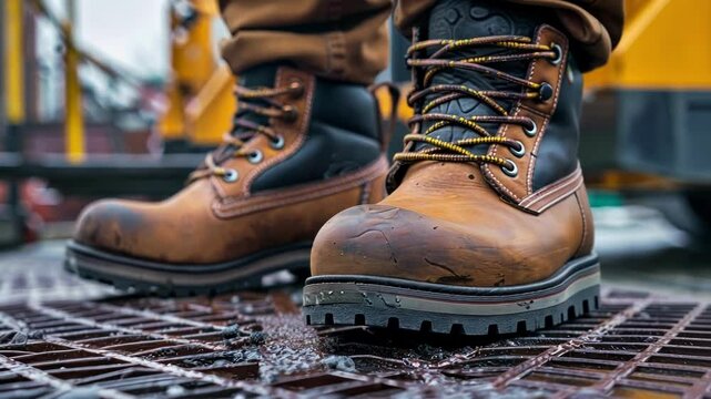A closeup of a sy pair of work boots featuring slipresistant soles and steel toes for added protection on uneven and hazardous surfaces.