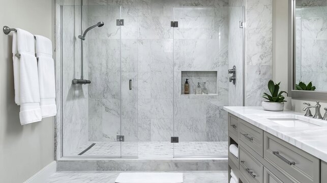 Marble bathroom with oversized walk-in shower and dual showerheads, luxury, spacious