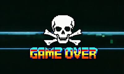 Pixel art Game Over screen with glitch effect featuring a skull and crossbones for retro video game theme - Powered by Adobe
