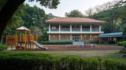 A Two-Story Building with a Playground in Front