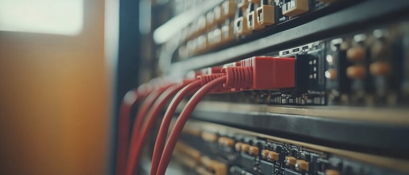 Red network cables link cutting-edge smart city systems, emphasizing connectivity and integration of technology for urban development