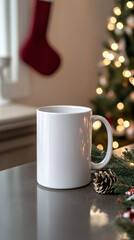 White ceramic tea mug mockup with Santa toy, winter x-mas decorations and copy space for your imprint. Front view 10oz cup background for Christmas promotional content
