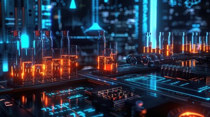 Medical research lab with glowing test tubes and digital charts