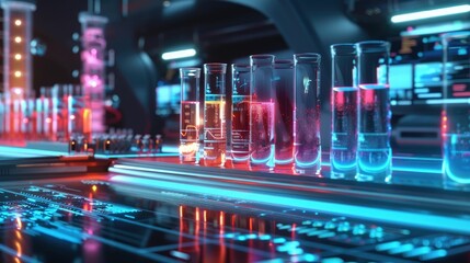 Medical research lab with glowing test tubes and digital charts
