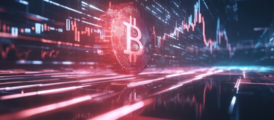 Obraz premium A glowing Bitcoin symbol sits over a line chart, reflecting on a digital surface.