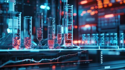 Medical research lab with glowing test tubes and digital charts