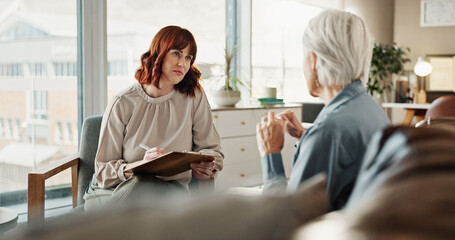 Psychologist, notes and senior woman with clipboard and talk for mental health assessment in...