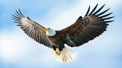Obraz premium Bald Eagle in Flight with Spread Wings Against Blue Sky