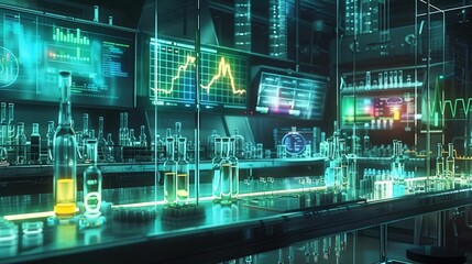 Medical research lab with glowing test tubes and digital charts