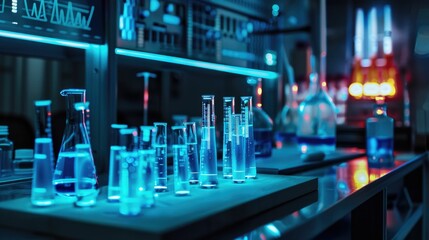 Medical research lab with glowing test tubes and digital charts
