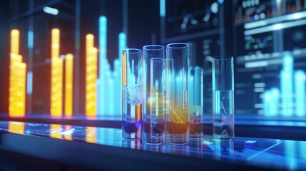 Medical research lab with glowing test tubes and digital charts