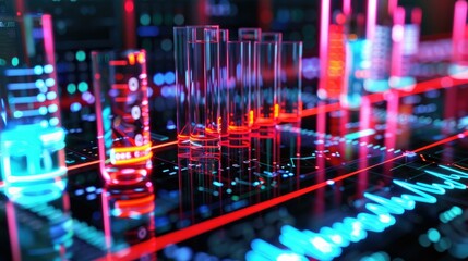 Medical research lab with glowing test tubes and digital charts