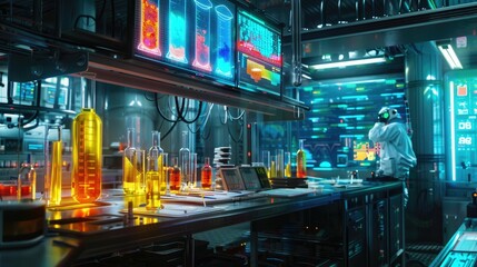 Medical research lab with glowing test tubes and digital charts