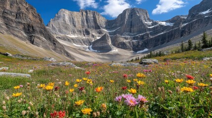 Fototapeta premium Wildflowers Bloom in a Valley Surrounded by Majestic Mountains
