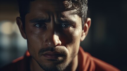 Latino woman with sad expression in close-up portrait, cinematic stock photo.