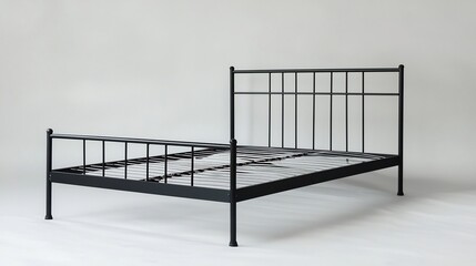 Minimalist Metal Bed Frame with Low Platform and Thin Matte Black Lines