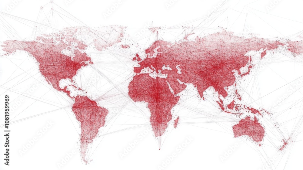 Poster abstract world map with network connections representing global data flow and communication in red t