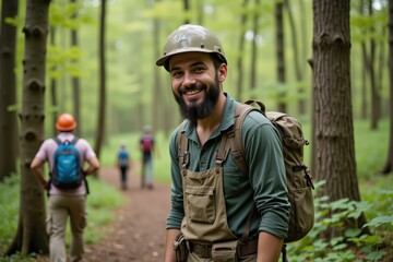 Obraz premium Adventurous Hiker in Forest Trail: Exploring Nature with Friends, Wearing Gear, and Enjoying the Green Scenery