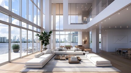 Fototapeta premium Light-filled minimalist living room with floor-to-ceiling windows