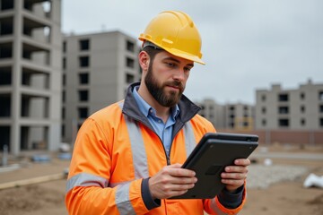 Construction Professional Using Tablet on Site, Ideal for Safety and Project Management Training Materials