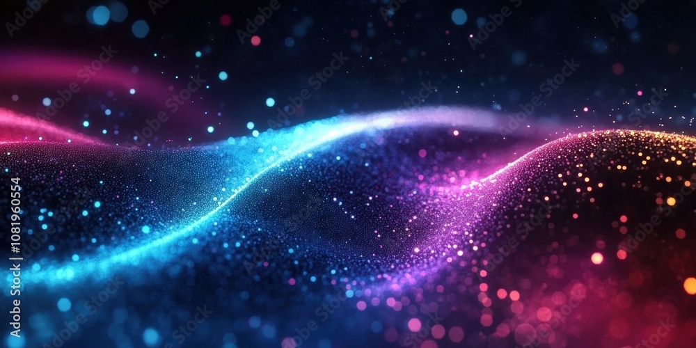 Poster abstract fluid waves with colorful particles and glowing sparkles in a dreamlike background for tech