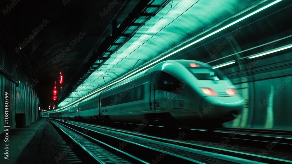 Poster dynamic train movement in a futuristic tunnel, capturing motion blur and neon lights, showcasing mod