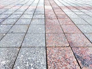 Close-up perspective of interlocking paving stones displaying various textures and shades under bright daylight