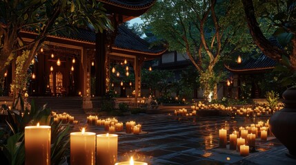 Tranquil Garden with Glowing Candles at Night