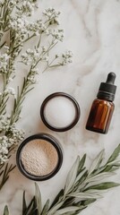 A serene arrangement of niacinamide serum in a brown glass dropper bottle, powdered skincare ingredients, and delicate herbs on a marble countertop
