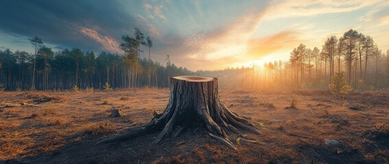 Tree Stump in Deforested Land at Sunrise with Forest Background. Earth Day and Climate Change Photography