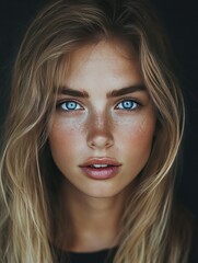 Naklejka premium Portrait of a woman with blue eyes and long blonde hair, subtle makeup highlighting her cute features, with a faint scar on her cheek