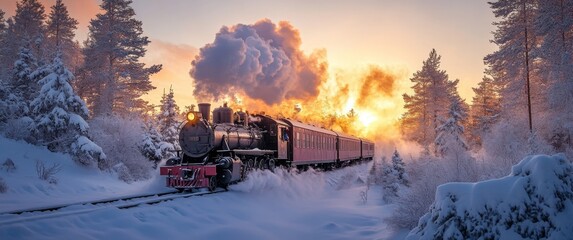 Steam Train Traveling Through Snowy Winter Landscape at Sunset

