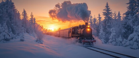 Steam Train Traveling Through Snowy Winter Landscape at Sunset


