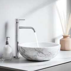 Marble vanity with a round vessel sink and waterfall faucet, artistic design, modern, unique