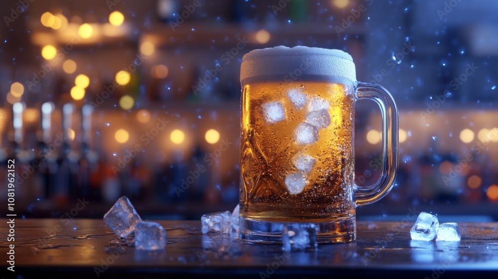 Poster Chilled Beer Mug with Ice Cubes on Wooden Bar Top Surrounded by Warm Ambient Lighting and Glittering Bokeh Effect Background